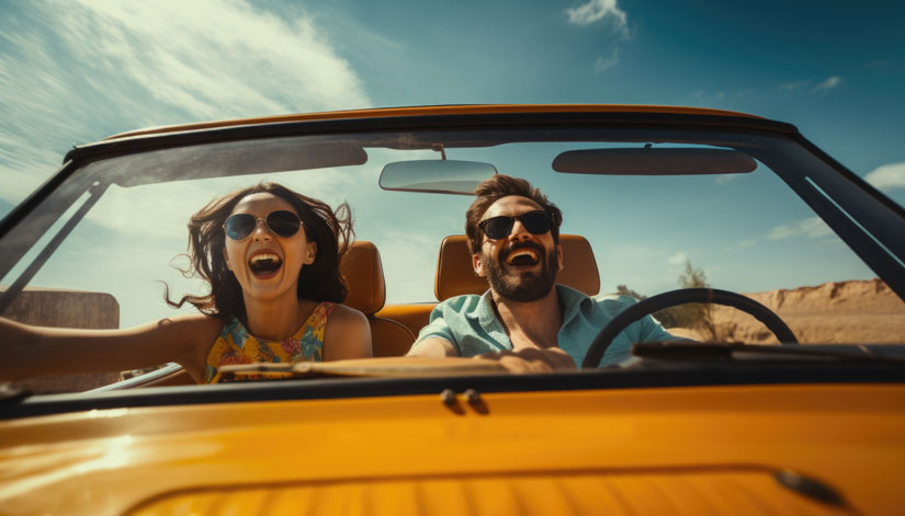 pareja joven alegres en coche